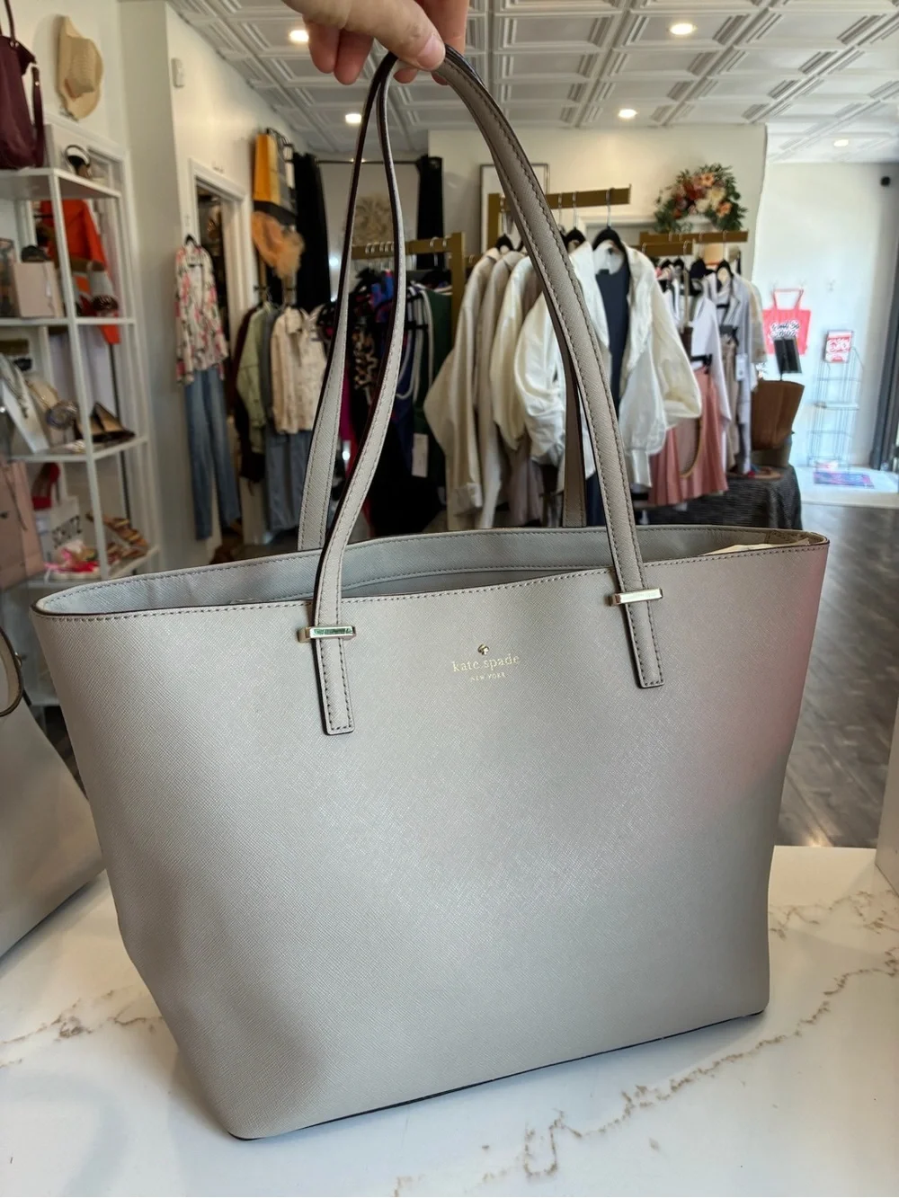 kate spade Taupe/light gray Saffiano Tote with Gold Logo